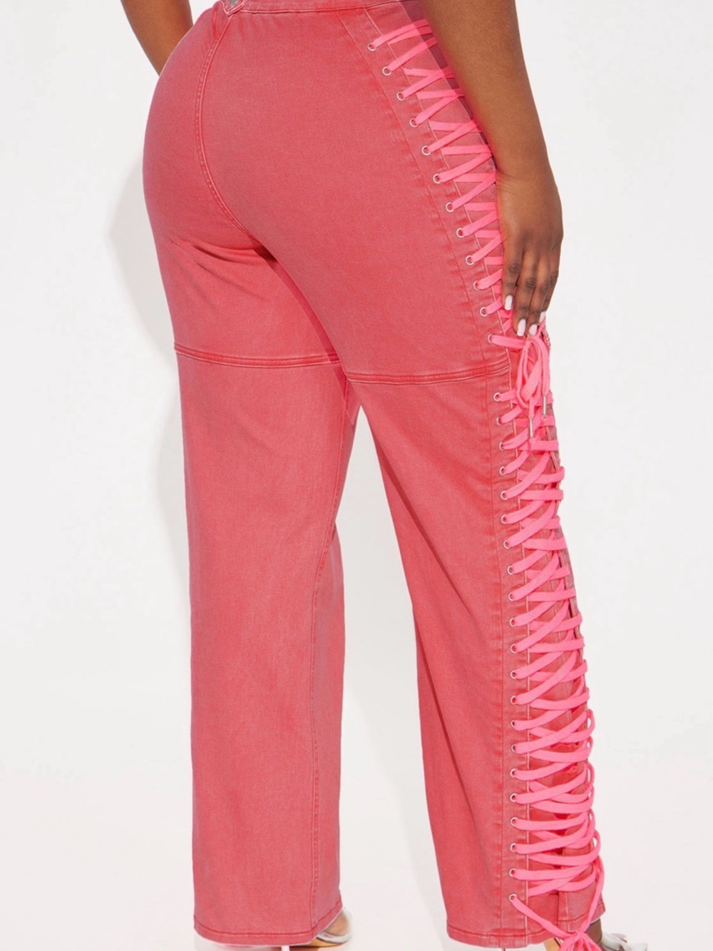 Fashion Nova Coral Pink Lace-Up Wide Leg Jeans - Picture 3 of 4